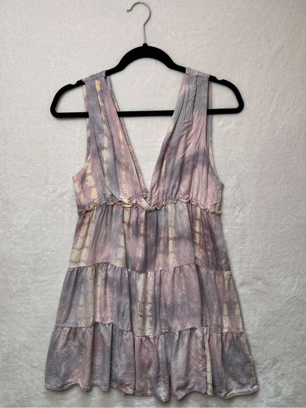 Millibon Pastel Pink & Gray Tie-Dye V-Neck Tiered Mini Dress Boho Tunic Babydoll